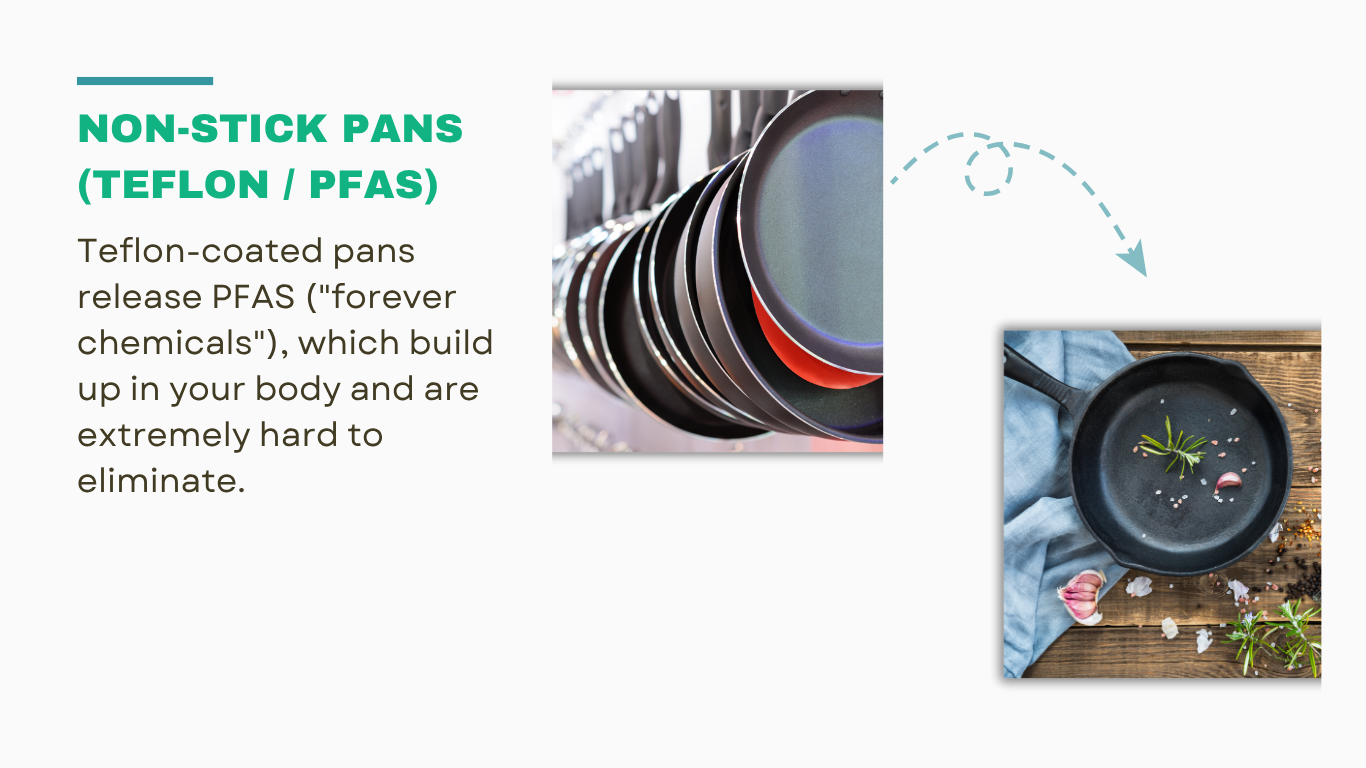 Non-stick cookware as toxic household items and safe alternatives like cast iron pans
