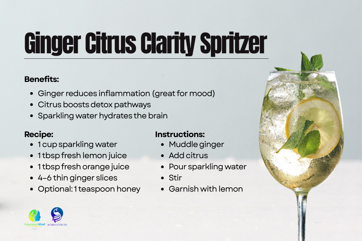 Ginger citrus holiday mocktail with lemon, orange, and sparkling water for brain and digestion support
