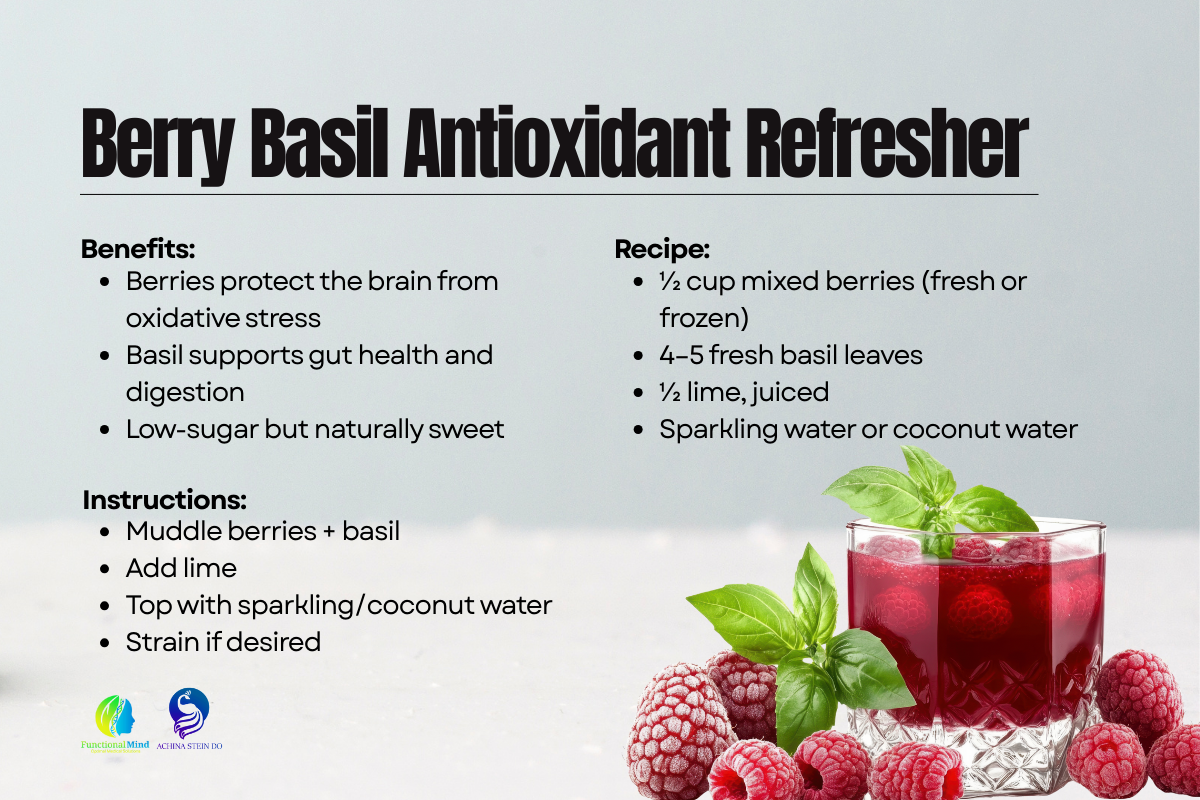 Berry basil holiday mocktail made with fresh berries and basil for antioxidant and brain health support