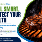 Healthy Grilling Tips infographic with grilled steak and ways to reduce cancer risk from high-heat cooking.