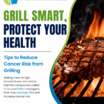 Healthy grilling tips banner showing grilled steak with advice to reduce cancer risk from high-heat cooking.
