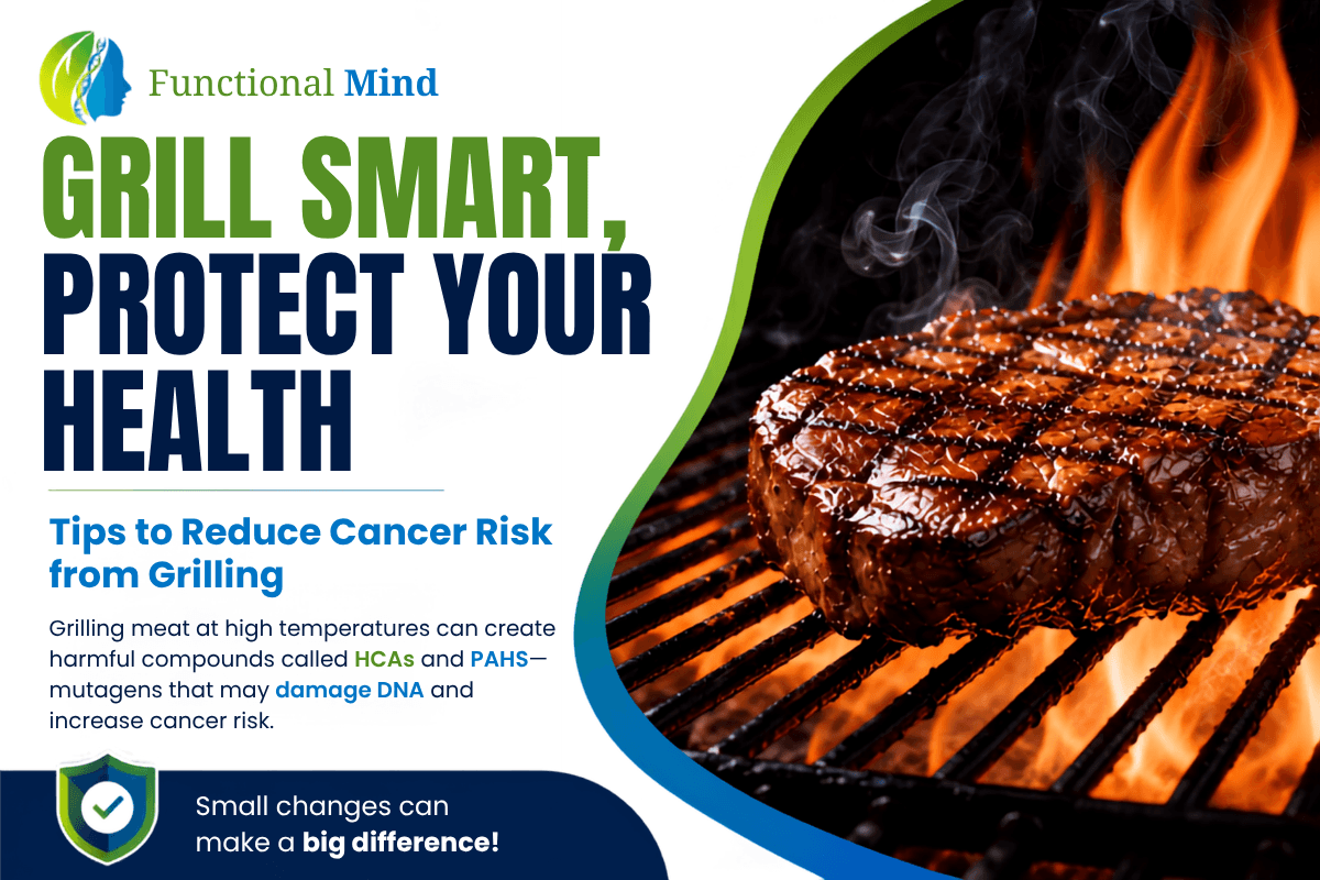 Healthy Grilling Tips infographic with grilled steak and ways to reduce cancer risk from high-heat cooking.