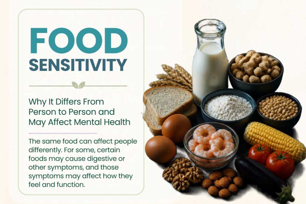 Food sensitivity blog graphic showing common foods and explaining why food affects people differently.