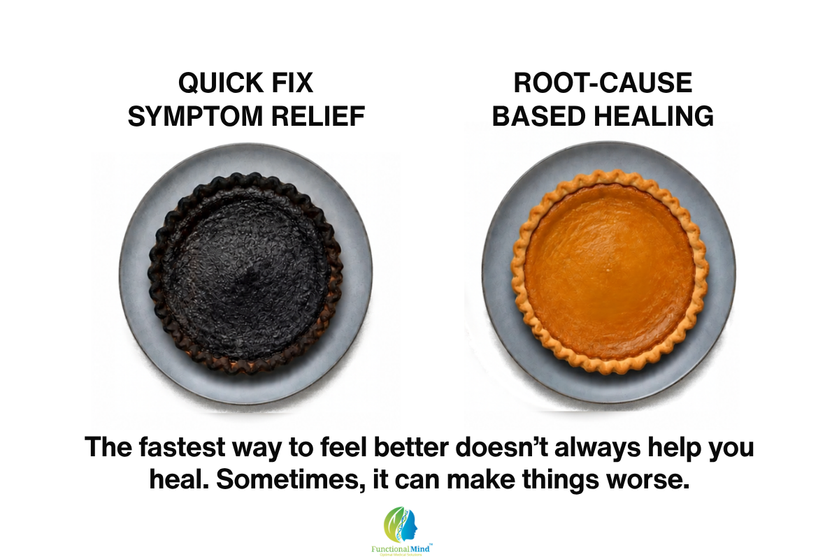 Burnt pie labeled quick fix symptom relief beside a golden pie representing root-cause-based healing.